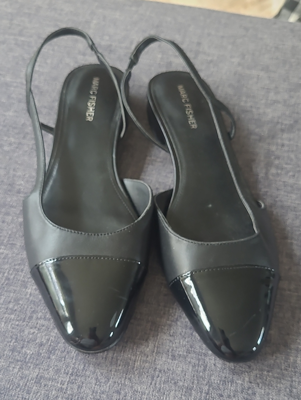 Marc Fisher Black Patent Cap Toe Slingback Flats